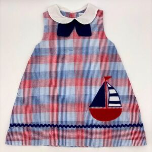 PETIT AMI Seersucker Sailboat Dress Little Girl 18 Months Red White Blue Toddler